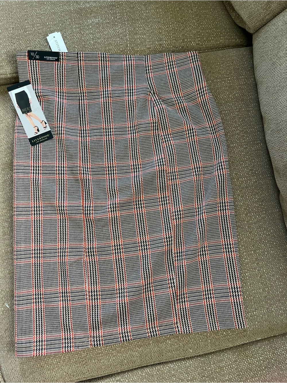 Liverpool Plaid Pencil Skirt in Black and Coral - Picture 2 of 3